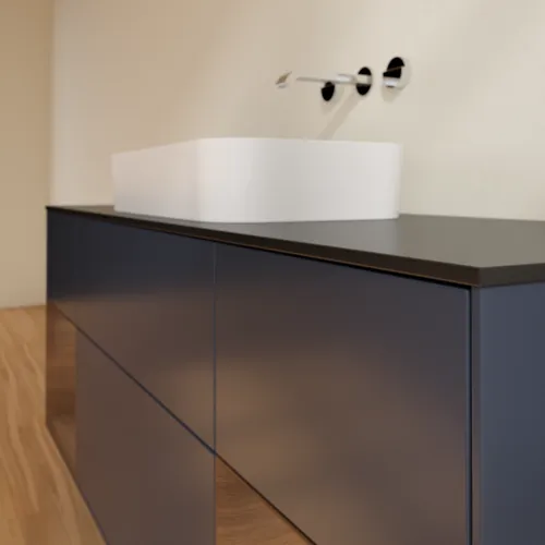 Bild von VILLEROY BOCH Finion Waschbeckenunterschrank, mit Beleuchtung, 4 Auszüge, 1600 x 603 x 501 mm, Midnight Blue Matt Lacquer / Walnut Veneer / Glass Black Matt #F742GNHG