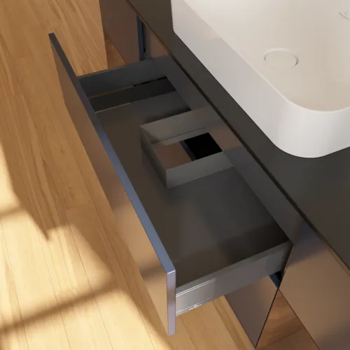 Bild von VILLEROY BOCH Finion Waschbeckenunterschrank, mit Beleuchtung, 4 Auszüge, 1600 x 603 x 501 mm, Midnight Blue Matt Lacquer / Walnut Veneer / Glass Black Matt #F742GNHG