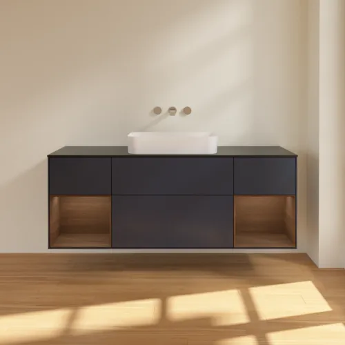 Bild von VILLEROY BOCH Finion Waschbeckenunterschrank, mit Beleuchtung, 4 Auszüge, 1600 x 603 x 501 mm, Midnight Blue Matt Lacquer / Walnut Veneer / Glass Black Matt #F742GNHG