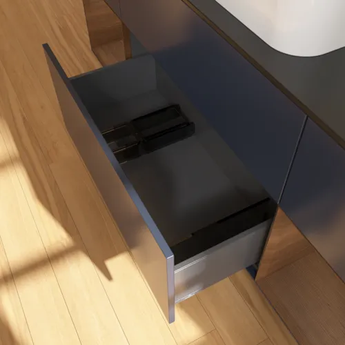 Bild von VILLEROY BOCH Finion Waschbeckenunterschrank, mit Beleuchtung, 4 Auszüge, 1600 x 603 x 501 mm, Midnight Blue Matt Lacquer / Walnut Veneer / Glass Black Matt #F742GNHG