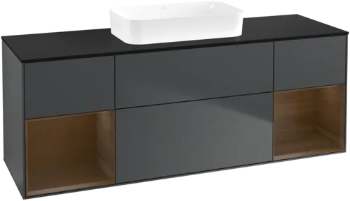 Bild von VILLEROY BOCH Finion Waschbeckenunterschrank, mit Beleuchtung, 4 Auszüge, 1600 x 603 x 501 mm, Midnight Blue Matt Lacquer / Walnut Veneer / Glass Black Matt #F742GNHG
