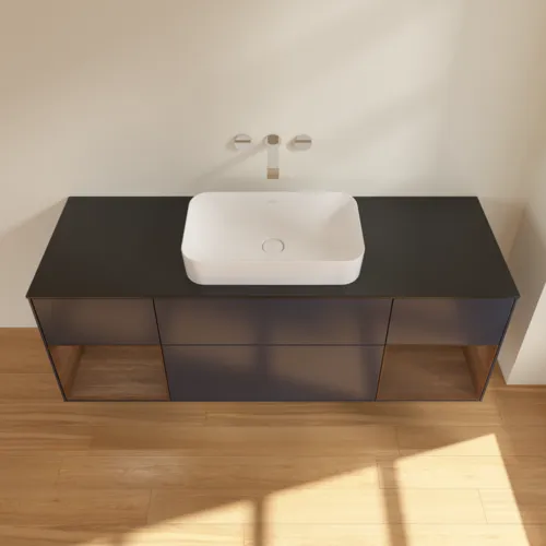 Bild von VILLEROY BOCH Finion Waschbeckenunterschrank, mit Beleuchtung, 4 Auszüge, 1600 x 603 x 501 mm, Midnight Blue Matt Lacquer / Walnut Veneer / Glass Black Matt #F742GNHG