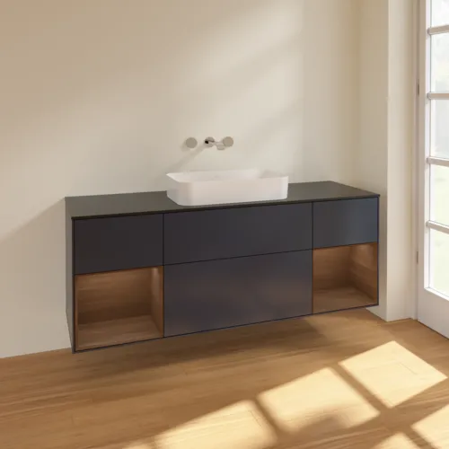 Bild von VILLEROY BOCH Finion Waschbeckenunterschrank, mit Beleuchtung, 4 Auszüge, 1600 x 603 x 501 mm, Midnight Blue Matt Lacquer / Walnut Veneer / Glass Black Matt #F742GNHG