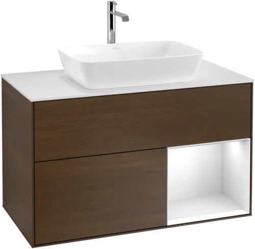 Bild von VILLEROY BOCH Finion Waschbeckenunterschrank, mit Beleuchtung, 2 Auszüge, 1000 x 603 x 501 mm, Walnut Veneer / Glossy White Lacquer / Glass White Matt #F781GFGN