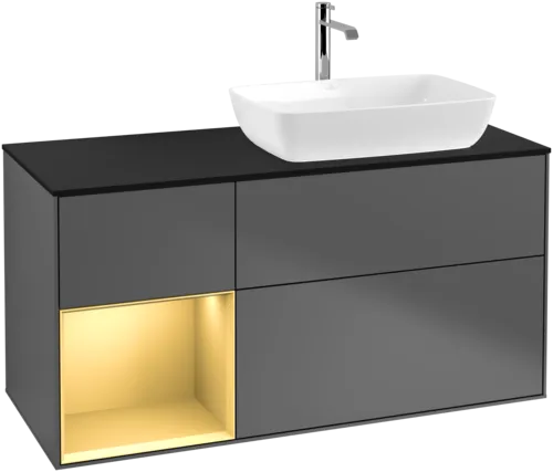 Bild von VILLEROY BOCH Finion Waschbeckenunterschrank, mit Beleuchtung, 3 Auszüge, 1200 x 603 x 501 mm, Anthracite Matt Lacquer / Gold Matt Lacquer / Glass Black Matt #F802HFGK