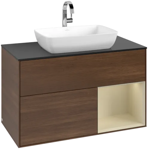 Bild von VILLEROY BOCH Finion Waschbeckenunterschrank, mit Beleuchtung, 2 Auszüge, 1000 x 603 x 501 mm, Walnut Veneer / Silk Grey Matt Lacquer / Glass Black Matt #F782HJGN