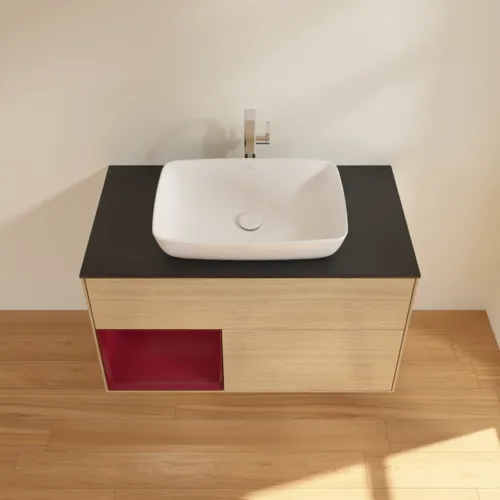 Bild von VILLEROY BOCH Finion Waschbeckenunterschrank, mit Beleuchtung, 2 Auszüge, 1000 x 603 x 501 mm, Oak Veneer / Peony Matt Lacquer / Glass Black Matt #F772HBPC