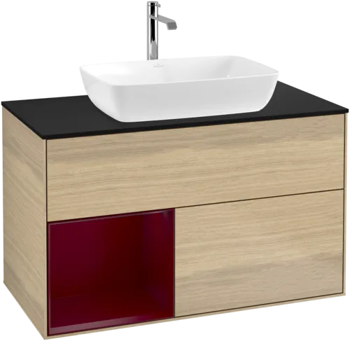 Bild von VILLEROY BOCH Finion Waschbeckenunterschrank, mit Beleuchtung, 2 Auszüge, 1000 x 603 x 501 mm, Oak Veneer / Peony Matt Lacquer / Glass Black Matt #F772HBPC