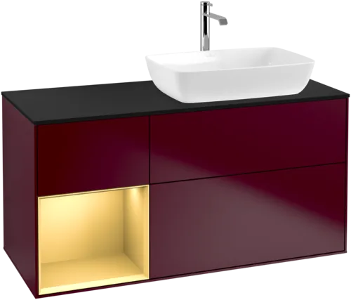 Obrázek VILLEROY BOCH Toaletní skříňka Finion, s osvětlením, 3 výsuvy, 1200 x 603 x 501 mm, Peony Matt Lacquer / Gold Matt Lacquer / Glass Black Matt #F802HFHB
