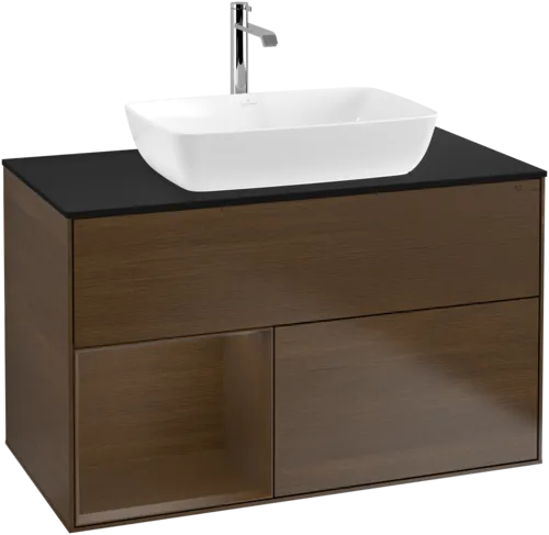Bild von VILLEROY BOCH Finion Waschbeckenunterschrank, mit Beleuchtung, 2 Auszüge, 1000 x 603 x 501 mm, Walnut Veneer / Walnut Veneer / Glass Black Matt #F772GNGN
