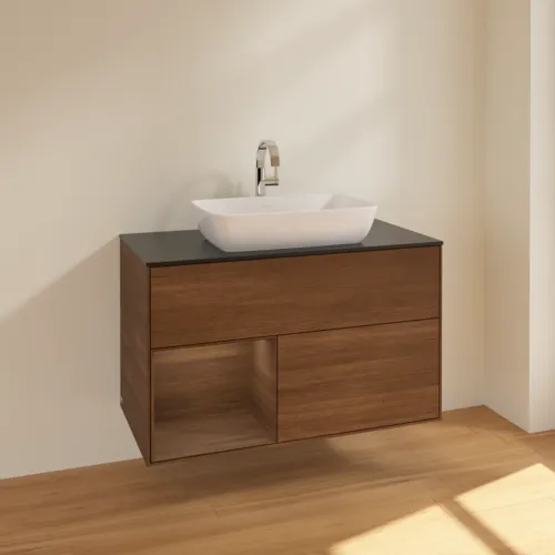 Bild von VILLEROY BOCH Finion Waschbeckenunterschrank, mit Beleuchtung, 2 Auszüge, 1000 x 603 x 501 mm, Walnut Veneer / Walnut Veneer / Glass Black Matt #F772GNGN