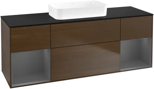 Bild von VILLEROY BOCH Finion Waschbeckenunterschrank, mit Beleuchtung, 4 Auszüge, 1600 x 603 x 501 mm, Walnut Veneer / Anthracite Matt Lacquer / Glass Black Matt #F742GKGN