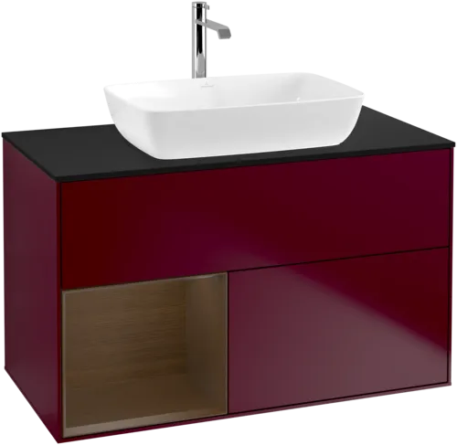 Bild von VILLEROY BOCH Finion Waschbeckenunterschrank, mit Beleuchtung, 2 Auszüge, 1000 x 603 x 501 mm, Peony Matt Lacquer / Walnut Veneer / Glass Black Matt #F772GNHB