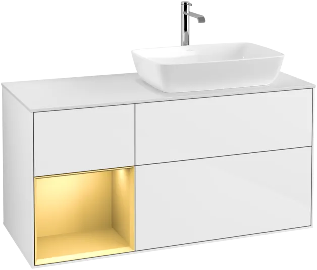 Bild von VILLEROY BOCH Finion Waschbeckenunterschrank, mit Beleuchtung, 3 Auszüge, 1200 x 603 x 501 mm, Glossy White Lacquer / Gold Matt Lacquer / Glass White Matt #F801HFGF
