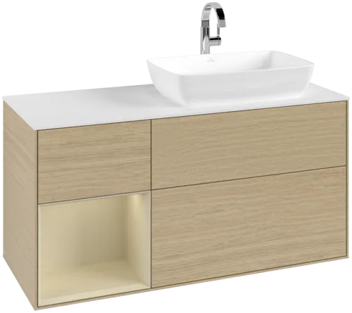 Bild von VILLEROY BOCH Finion Waschbeckenunterschrank, mit Beleuchtung, 3 Auszüge, 1200 x 603 x 501 mm, Oak Veneer / Silk Grey Matt Lacquer / Glass White Matt #F801HJPC