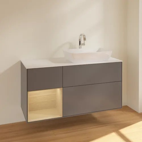 Bild von VILLEROY BOCH Finion Waschbeckenunterschrank, mit Beleuchtung, 3 Auszüge, 1200 x 603 x 501 mm, Anthracite Matt Lacquer / Oak Veneer / Glass White Matt #F801PCGK
