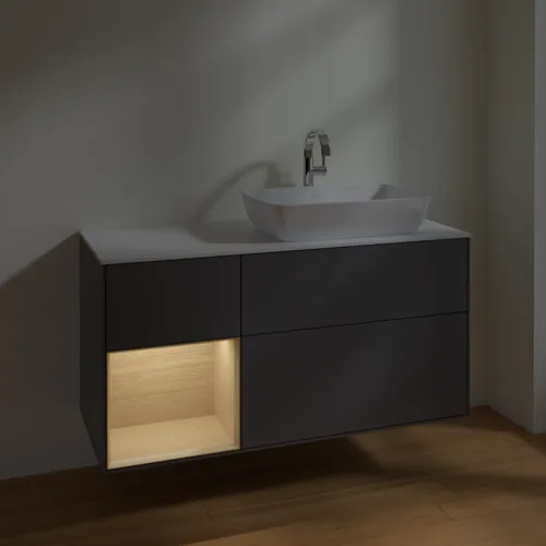 Bild von VILLEROY BOCH Finion Waschbeckenunterschrank, mit Beleuchtung, 3 Auszüge, 1200 x 603 x 501 mm, Anthracite Matt Lacquer / Oak Veneer / Glass White Matt #F801PCGK