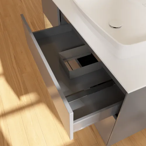 Bild von VILLEROY BOCH Finion Waschbeckenunterschrank, mit Beleuchtung, 3 Auszüge, 1200 x 603 x 501 mm, Anthracite Matt Lacquer / Oak Veneer / Glass White Matt #F801PCGK