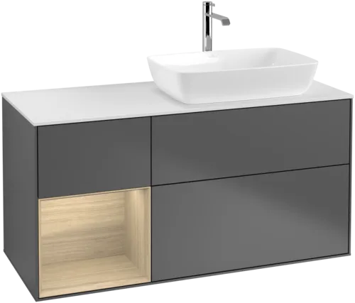 Bild von VILLEROY BOCH Finion Waschbeckenunterschrank, mit Beleuchtung, 3 Auszüge, 1200 x 603 x 501 mm, Anthracite Matt Lacquer / Oak Veneer / Glass White Matt #F801PCGK