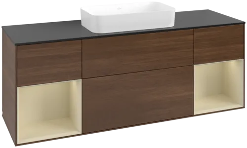 Bild von VILLEROY BOCH Finion Waschbeckenunterschrank, mit Beleuchtung, 4 Auszüge, 1600 x 603 x 501 mm, Walnut Veneer / Silk Grey Matt Lacquer / Glass Black Matt #F742HJGN