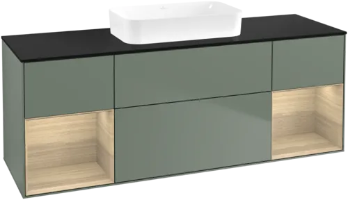Bild von VILLEROY BOCH Finion Waschbeckenunterschrank, mit Beleuchtung, 4 Auszüge, 1600 x 603 x 501 mm, Olive Matt Lacquer / Oak Veneer / Glass Black Matt #F742PCGM