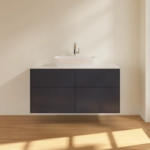 Obrázek VILLEROY BOCH Toaletní skříňka Finion, 4 výsuvy, 1200 x 603 x 501 mm, půlnočně modrý matný lak / bílé matné sklo #F79100HG