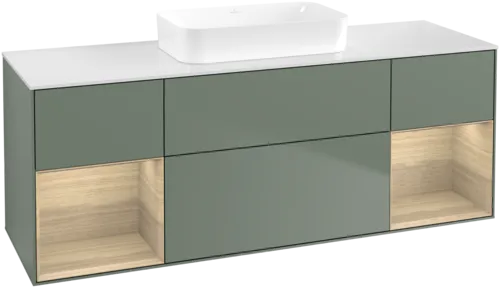 Bild von VILLEROY BOCH Finion Waschbeckenunterschrank, mit Beleuchtung, 4 Auszüge, 1600 x 603 x 501 mm, Olive Matt Lacquer / Oak Veneer / Glass White Matt #F741PCGM