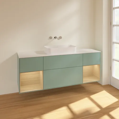 Bild von VILLEROY BOCH Finion Waschbeckenunterschrank, mit Beleuchtung, 4 Auszüge, 1600 x 603 x 501 mm, Olive Matt Lacquer / Oak Veneer / Glass White Matt #F741PCGM