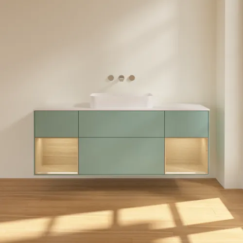 Bild von VILLEROY BOCH Finion Waschbeckenunterschrank, mit Beleuchtung, 4 Auszüge, 1600 x 603 x 501 mm, Olive Matt Lacquer / Oak Veneer / Glass White Matt #F741PCGM