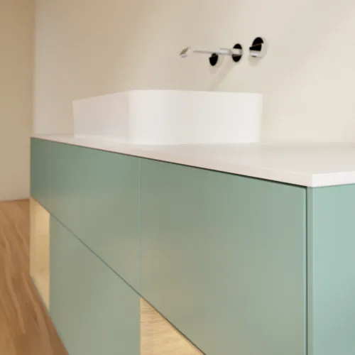 Bild von VILLEROY BOCH Finion Waschbeckenunterschrank, mit Beleuchtung, 4 Auszüge, 1600 x 603 x 501 mm, Olive Matt Lacquer / Oak Veneer / Glass White Matt #F741PCGM