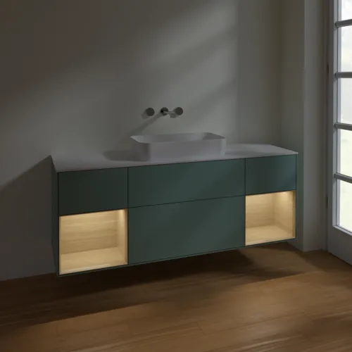 Bild von VILLEROY BOCH Finion Waschbeckenunterschrank, mit Beleuchtung, 4 Auszüge, 1600 x 603 x 501 mm, Olive Matt Lacquer / Oak Veneer / Glass White Matt #F741PCGM