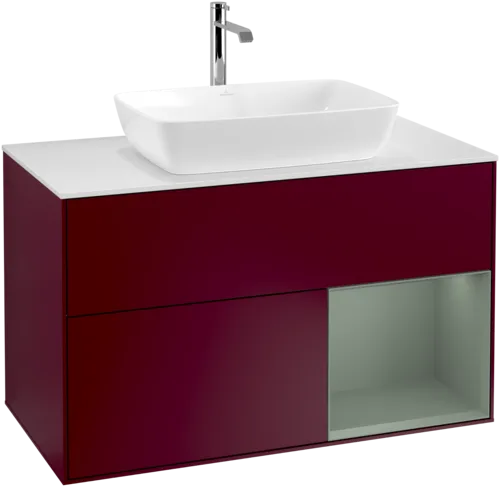 Bild von VILLEROY BOCH Finion Waschbeckenunterschrank, mit Beleuchtung, 2 Auszüge, 1000 x 603 x 501 mm, Peony Matt Lacquer / Olive Matt Lacquer / Glass White Matt #F781GMHB