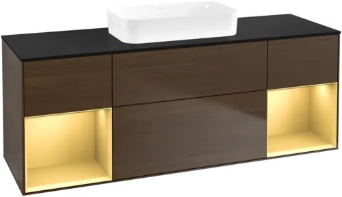 Bild von VILLEROY BOCH Finion Waschbeckenunterschrank, mit Beleuchtung, 4 Auszüge, 1600 x 603 x 501 mm, Walnut Veneer / Gold Matt Lacquer / Glass Black Matt #F742HFGN