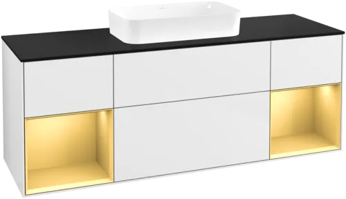 Bild von VILLEROY BOCH Finion Waschbeckenunterschrank, mit Beleuchtung, 4 Auszüge, 1600 x 603 x 501 mm, Glossy White Lacquer / Gold Matt Lacquer / Glass Black Matt #F742HFGF