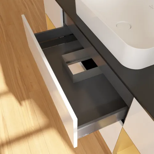 Bild von VILLEROY BOCH Finion Waschbeckenunterschrank, mit Beleuchtung, 4 Auszüge, 1600 x 603 x 501 mm, Glossy White Lacquer / Gold Matt Lacquer / Glass Black Matt #F742HFGF