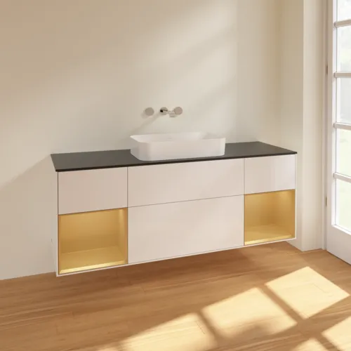 Bild von VILLEROY BOCH Finion Waschbeckenunterschrank, mit Beleuchtung, 4 Auszüge, 1600 x 603 x 501 mm, Glossy White Lacquer / Gold Matt Lacquer / Glass Black Matt #F742HFGF