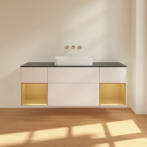 Bild von VILLEROY BOCH Finion Waschbeckenunterschrank, mit Beleuchtung, 4 Auszüge, 1600 x 603 x 501 mm, Glossy White Lacquer / Gold Matt Lacquer / Glass Black Matt #F742HFGF