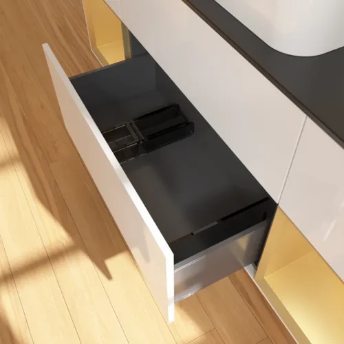 Bild von VILLEROY BOCH Finion Waschbeckenunterschrank, mit Beleuchtung, 4 Auszüge, 1600 x 603 x 501 mm, Glossy White Lacquer / Gold Matt Lacquer / Glass Black Matt #F742HFGF