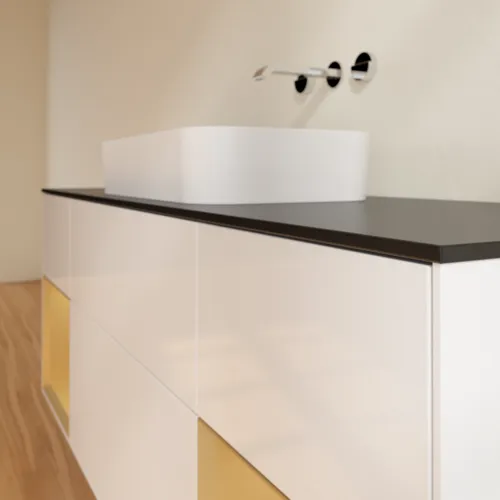 Bild von VILLEROY BOCH Finion Waschbeckenunterschrank, mit Beleuchtung, 4 Auszüge, 1600 x 603 x 501 mm, Glossy White Lacquer / Gold Matt Lacquer / Glass Black Matt #F742HFGF