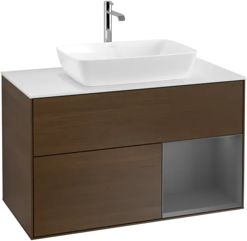 Bild von VILLEROY BOCH Finion Waschbeckenunterschrank, mit Beleuchtung, 2 Auszüge, 1000 x 603 x 501 mm, Walnut Veneer / Anthracite Matt Lacquer / Glass White Matt #F781GKGN