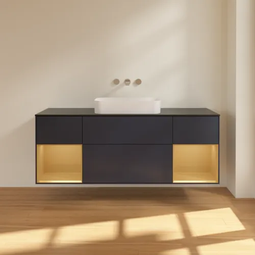 Bild von VILLEROY BOCH Finion Waschbeckenunterschrank, mit Beleuchtung, 4 Auszüge, 1600 x 603 x 501 mm, Midnight Blue Matt Lacquer / Gold Matt Lacquer / Glass Black Matt #F742HFHG