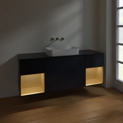 Bild von VILLEROY BOCH Finion Waschbeckenunterschrank, mit Beleuchtung, 4 Auszüge, 1600 x 603 x 501 mm, Midnight Blue Matt Lacquer / Gold Matt Lacquer / Glass Black Matt #F742HFHG
