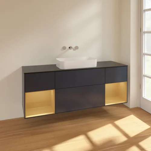 Bild von VILLEROY BOCH Finion Waschbeckenunterschrank, mit Beleuchtung, 4 Auszüge, 1600 x 603 x 501 mm, Midnight Blue Matt Lacquer / Gold Matt Lacquer / Glass Black Matt #F742HFHG