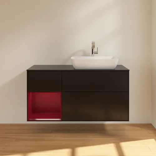 Bild von VILLEROY BOCH Finion Waschbeckenunterschrank, mit Beleuchtung, 3 Auszüge, 1200 x 603 x 501 mm, Black Matt Lacquer / Peony Matt Lacquer / Glass Black Matt #F802HBPD