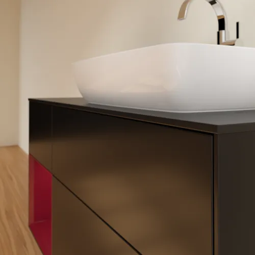 Bild von VILLEROY BOCH Finion Waschbeckenunterschrank, mit Beleuchtung, 3 Auszüge, 1200 x 603 x 501 mm, Black Matt Lacquer / Peony Matt Lacquer / Glass Black Matt #F802HBPD