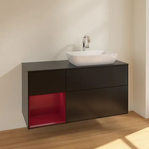 Bild von VILLEROY BOCH Finion Waschbeckenunterschrank, mit Beleuchtung, 3 Auszüge, 1200 x 603 x 501 mm, Black Matt Lacquer / Peony Matt Lacquer / Glass Black Matt #F802HBPD