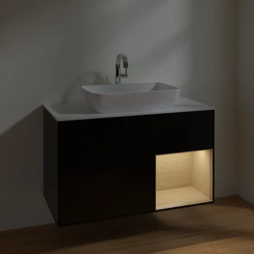 Bild von VILLEROY BOCH Finion Waschbeckenunterschrank, mit Beleuchtung, 2 Auszüge, 1000 x 603 x 501 mm, Black Matt Lacquer / Oak Veneer / Glass White Matt #F781PCPD