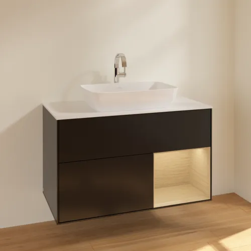 Bild von VILLEROY BOCH Finion Waschbeckenunterschrank, mit Beleuchtung, 2 Auszüge, 1000 x 603 x 501 mm, Black Matt Lacquer / Oak Veneer / Glass White Matt #F781PCPD