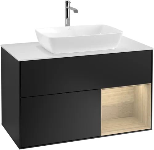 Bild von VILLEROY BOCH Finion Waschbeckenunterschrank, mit Beleuchtung, 2 Auszüge, 1000 x 603 x 501 mm, Black Matt Lacquer / Oak Veneer / Glass White Matt #F781PCPD