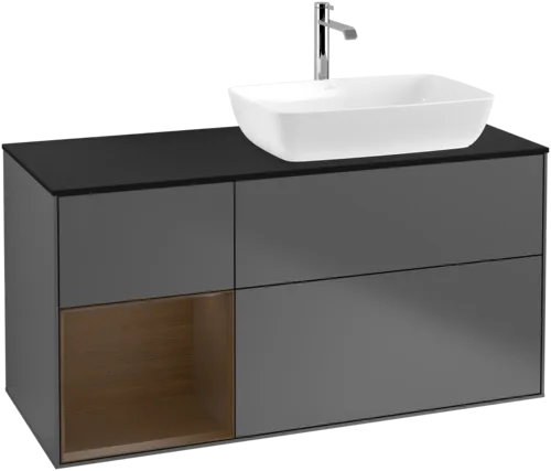 Bild von VILLEROY BOCH Finion Waschbeckenunterschrank, mit Beleuchtung, 3 Auszüge, 1200 x 603 x 501 mm, Anthracite Matt Lacquer / Walnut Veneer / Glass Black Matt #F802GNGK